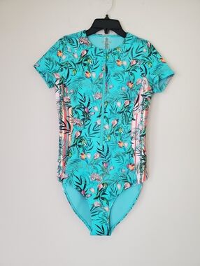 Johnny Was Teal Tropical Zip-Front One-Piece Neoprene Swimsuit Surfsuit Sz Small